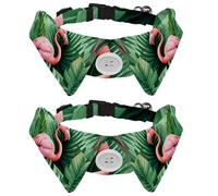 2 Pack Dog Bow Tie Collars, Cat Collar with Bell and Quick Release Buckle for Small Pets, Pink Flamingo Tropical Palm Leaves