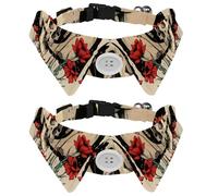 2 Pack Dog Bow Tie Collars, Cat Collar with Bell and Quick Release Buckle for Small Pets, Skull with Mushroom Plants Flowers Moon and Stars Pattern
