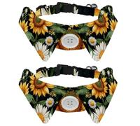 2 Pack Dog Bow Tie Collars, Cat Collar with Bell and Quick Release Buckle for Small Pets, Sunflowers and White Chamomile Floral