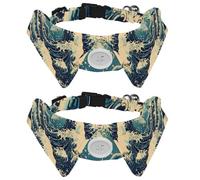 2 Pack Dog Bow Tie Collars, Cat Collar with Bell and Quick Release Buckle for Small Pets, Vintage Aesthetic Japanese Ocean Waves