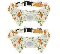 2 Pack Dog Bow Tie Collars, Cat Collar with Bell and Quick Release Buckle for Small Pets, Vintage Style Cute Orange Floral Green Leaves
