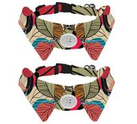 2 Pack Dog Collar with Bowtie, Abstract Vintage Colors Tropical Line Art Leaves Soft Pet Cats Necktie for Small Dogs Wedding Birthday Costumes