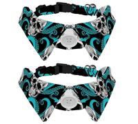 2 Pack Dog Collar with Bowtie and Bell, Awesome Skull Octopus Blue Adjustable Lapel Design Cat Bow Tie Collar for Small Pets