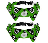 2 Pack Dog Collar with Bowtie and Bell, Cartoon Funny Colourful Eomji Monster Green Patterns Adjustable Lapel Design Cat Bow Tie Collar for Small Pets