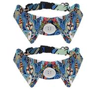 2 Pack Dog Collar with Bowtie and Bell, Cartoon Marine Style Wave Wheel Pattern Adjustable Lapel Design Cat Bow Tie Collar for Small Pets