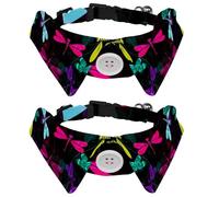 2 Pack Dog Collar with Bowtie and Bell, Colorful Dark Green Yellow Blue Dragonfly Adjustable Lapel Design Cat Bow Tie Collar for Small Pets