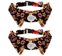 2 Pack Dog Collar with Bowtie and Bell, Cute Animals Fawn Sleeping Fox Birds Flowers Petals Leaves Natural Adjustable Lapel Design Cat Bow Tie Collar for Small Pets