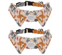 2 Pack Dog Collar with Bowtie and Bell, Cute Cats Orange Grey Kittens Pattern Adjustable Lapel Design Cat Bow Tie Collar for Small Pets