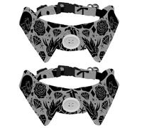 2 Pack Dog Collar with Bowtie and Bell, Day of the Dead Skulls Bird Rose Diamond Pattern Adjustable Lapel Design Cat Bow Tie Collar for Small Pets