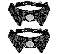 2 Pack Dog Collar with Bowtie and Bell, Day of the Dead Skulls Bird Rose Pattern Adjustable Lapel Design Cat Bow Tie Collar for Small Pets
