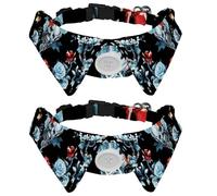 2 Pack Dog Collar with Bowtie and Bell, Day of the Dead Skulls Flowers Adjustable Lapel Design Cat Bow Tie Collar for Small Pets