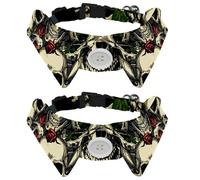 2 Pack Dog Collar with Bowtie and Bell, Day of the Dead Skulls Red Roses Pattern Adjustable Lapel Design Cat Bow Tie Collar for Small Pets