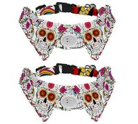 2 Pack Dog Collar with Bowtie and Bell, Day of the Dead Sugar Skulls Flowers Pattern Adjustable Lapel Design Cat Bow Tie Collar for Small Pets