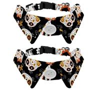 2 Pack Dog Collar with Bowtie and Bell, Day of the Dead Suger Cat Skull Flowers Adjustable Lapel Design Cat Bow Tie Collar for Small Pets