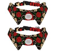 2 Pack Dog Collar with Bowtie and Bell, Day of the Dead Suger Skull Red Rose Adjustable Lapel Design Cat Bow Tie Collar for Small Pets