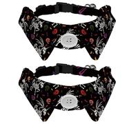 2 Pack Dog Collar with Bowtie and Bell, Day of the Dead Suger Skull Skeleton Unicorn Rose Adjustable Lapel Design Cat Bow Tie Collar for Small Pets