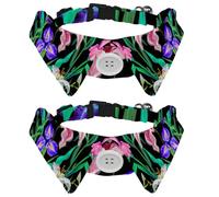 2 Pack Dog Collar with Bowtie and Bell, Flowers Iris Lily Pattern Adjustable Lapel Design Cat Bow Tie Collar for Small Pets