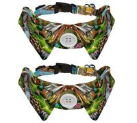 2 Pack Dog Collar with Bowtie and Bell, Magic Village Painting Adjustable Lapel Design Cat Bow Tie Collar for Small Pets