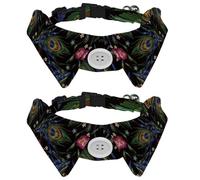 2 Pack Dog Collar with Bowtie and Bell, Peacock Feathers and Roses Flowers Classical Pattern Adjustable Lapel Design Cat Bow Tie Collar for Small Pets