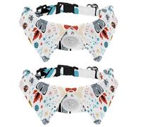 2 Pack Dog Collar with Bowtie and Bell, Space Cartoon Rockets Planets Stars Comets UFO Pattern Adjustable Lapel Design Cat Bow Tie Collar for Small Pets