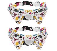 2 Pack Dog Collar with Bowtie and Bell, Toucans Guitar Pineapple Palm Tree Hola Pattern Adjustable Lapel Design Cat Bow Tie Collar for Small Pets