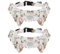 2 Pack Dog Collar with Bowtie and Bell, Watercolor Flower Beautiful Floral Leaves Pattern Adjustable Lapel Design Cat Bow Tie Collar for Small Pets