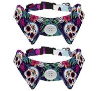 2 Pack Dog Collar with Bowtie, Day of the Dead Skulls with Tropical Flowers Soft Pet Cats Necktie for Small Dogs Wedding Birthday Costumes