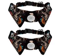 2 Pack Dog Collar with Bowtie, Skull and Flowers Day of the Dead on Black Soft Pet Cats Necktie for Small Dogs Wedding Birthday Costumes