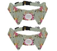 2 Pack Dog Collar with Bowtie, Steer Skulls with Pink Yellow Floral on Sage Green Background Soft Pet Cats Necktie for Small Dogs Wedding Birthday Costumes