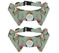 2 Pack Dog Collar with Bowtie, Steer Skulls with Pink Yellow Floral on Soft Sage Green Background Soft Pet Cats Necktie for Small Dogs Wedding Birthday Costumes