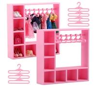 2 Pack Doll Clothes Closet Practical Doll Wardrobe with 20 Hangers Dolls Accessories Display Box Cute Figures Outfit Cabinet for Organizing Storage Clothes Shoes Hats Sunglasses Bags(Pink)