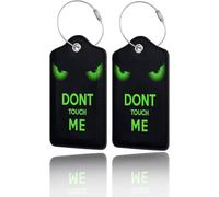 2 Pack Don’t Touch Me Funny Green Eyes Luggage Tags, Privacy Cover ID Label with Stainless Steel Cable Loop & Address Card for Suitcase Travel Bag Backpack Cruise Essentials