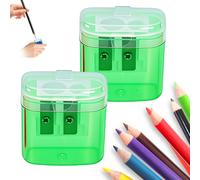 2-Pack Double Hole Manual Pencil Sharpener with Lid & Container, Handheld Sharpener for Thick/Thin Pencils, School Office Supplies (Yellow) (Grün*2)