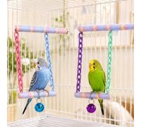 2 Pack Double Layer Bird Perch Toys with Bells for Parakeets, Adjustable Hanging Bird Swing Perches with Colorful Plastic Chains, Rope Wrapped Bird Cage Accessories for Budgies, Cockatiels, Lovebirds