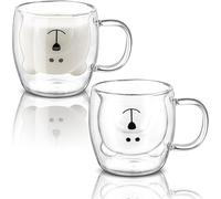 2 Pack Double Wall Insulated Glass Mugs, 8.5 Oz Cute Bear Coffee Milk Beer Cups for Latte, Cappuccino, Americano, Tea