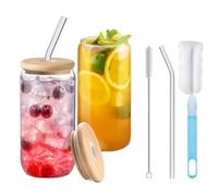 2 Pack Drinking Glasses with Bamboo Lids and Straws, 500ml Finew Glass Cups with Bamboo Lids and Straws,Reusable Can Shaped Glass Cups Set,for Smoothies, Beer, Cola, Juice, Soda (2)