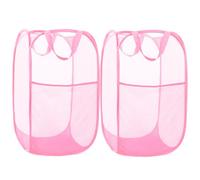 2 Pack Durable Collapsible Laundry Baskets - Reinforced Mesh Pop Up Laundry Hamper with Pocket, Foldable Dirty Clothes Hamper with Carry Handles for Laundry, Bathroom, Kids Room, Dorm or Travel Pink