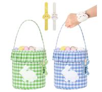 2 Pack Easter Basket with Bunny Name Tags Blue Green Gingham Fabric with Embroidered Bunny Pattern Bucket with Handle and Ruffle Trim - Reusable Rabbit Gift Bag for Easter Eggs Hunt, Candy Decorations