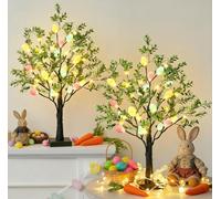 2 Pack Easter Decorations Easter Tree with Eggs, 24LED & 24 Pastel Egg Ornaments, Battery or USB Powered White Birch Twig Tree Light Tabletop Decoration for Home, Holiday Party (Camellia Tree)