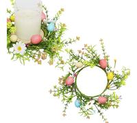 2 Pack Easter Egg Candle Rings Holder Wreaths with Daisy Flower Spring Egg and Pastel Pip Berry Candle Rings Candle Holder Mini Wreaths 4" Center for Holiday Home Kitchen Table Centerpiece (Green)