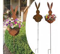 2 Pack Easter Vintage Metal Rabbit Garden Stakes with Planter Holder, 89cm Rustic Bunny Silhouette Garden Ornaments, Rusty Metal Yard Art for Outdoor Patio Lawn & Flower Beds (Set of 2)