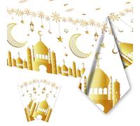 2 Pack Eid Ramadan Table Cloth 130x220cm Decorative Rectangular Ramadan Mubarak Tablecloth Disposable Star Moon Eid al-Fitr Table Cover for Eid Ramadan Decorations Islam Muslim Party (White Gold)