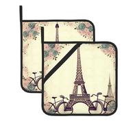 2 Pack Eiffel Tower Bicycle Pot Holders for Kitchen Heat Resistant Pot Holders with Pocket Oven Potholders Washable Hot Pads for Cooking Baking Oven Pans Trivet 8x8 Inches
