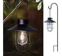 2 Pack EKQ Hanging Solar Lights Lantern Lamp with Shepherd Hook, Metal Waterproof Edison Bulb Lights for Garden Outdoor Pathway (Black)
