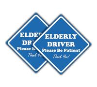 2-Pack "Elderly Driver: Please Be Patient, Thank You" Blue Car Window & Bumper Sticker (100mm x 100mm) - Elderly Driving Aid Car Sticker