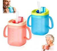2 Pack Elderly Spill Proof Cups, 280 ml Unspillable Cup with 2 Handles, Leak-Proof Adult Sippy Cups with Straws & Duckbill Spout, Feeding Cup for Seniors, Disabled Patients and Pregnant (Blue & Pink)