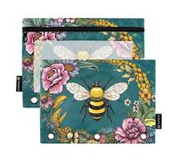 2 Pack Esthetic Pencil Pouch for 3 Ring Binder, Zipper Pencil Pouch with Transparent Display Window, Three Hole Vintage Bee Floral Dark Green Pen Case with Grommets