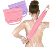 2 Pack Exfoliating Back Scrubber for Shower, Nylon Wash Scrubber Cloth with Handles, Body Scrubber Towel for Deep Cleansing and Removing Dead Skin (Includes Pink & Purple)