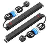 2-pack, Extension Lead Surge Protection 7 Way Power Strip with Switch, Multi Plug Socket Horizontal 13amp PDU Power Distribution Unit, Rack Mount Power Outlets Wall Mount Power Strip, 1,8M Cable