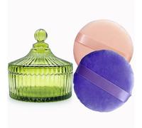 2 Pack Extra Large 5.2" Beige & Purple Powder Puffs and 5.3" Glass Container - Oversized Soft Body & Face Large Powder Puff Dusting Powder Jar Holder Case(Olive Green Glass)